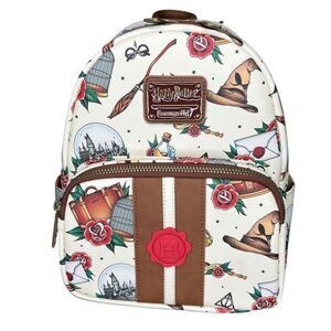 NEW Loungefly Harry Potter Tattoo Art Cream Double Strap Shoulder Backpack